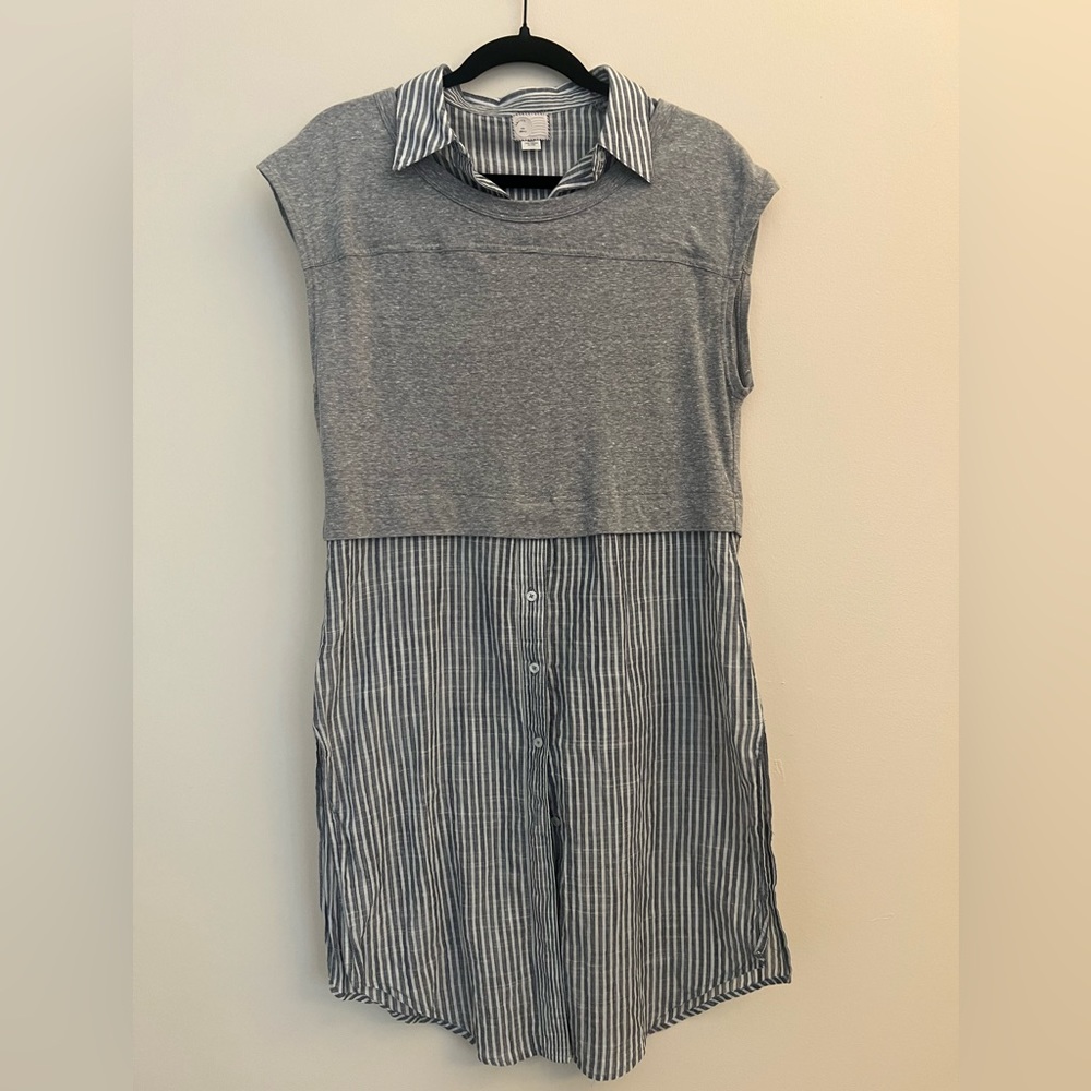 Anthropologie | Women’s Shirt Dress Gray Blue Striped T-Shirt linen button-down